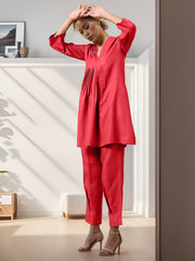 Red Rayon Slub Texture Pleated Co-Ord Set