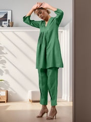 Green Rayon Slub Texture Pleated Co-Ord Set