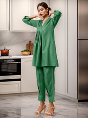 Green Rayon Slub Texture Pleated Co-Ord Set