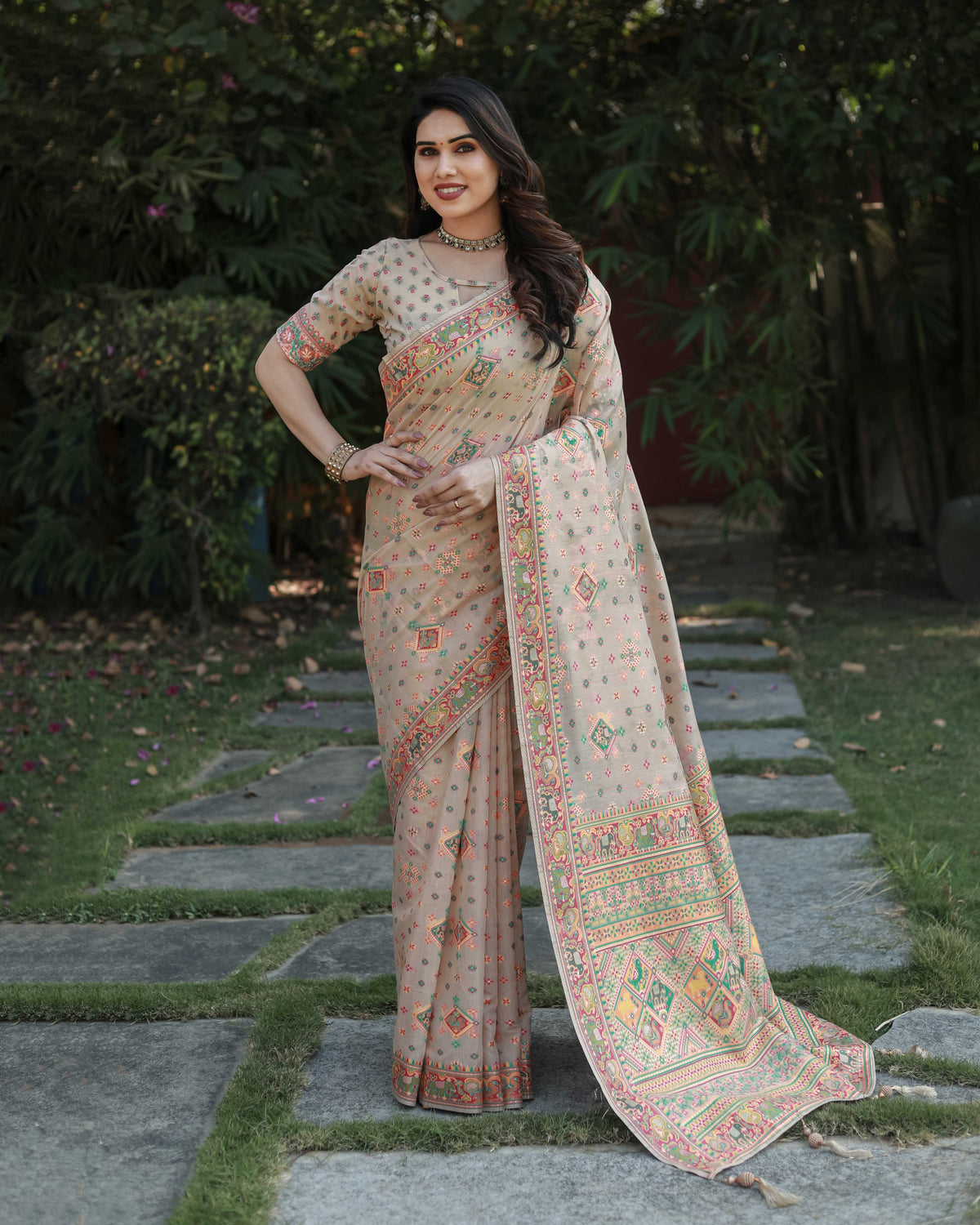 Beige Cotton Broad Border Casual Wear Saree