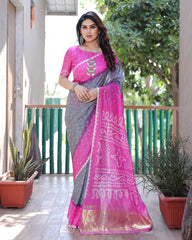 New Premium And High Quality Comfortable Bandhej Silk Drapes That is Super Stylish And Pretty Grey And Pink Saree