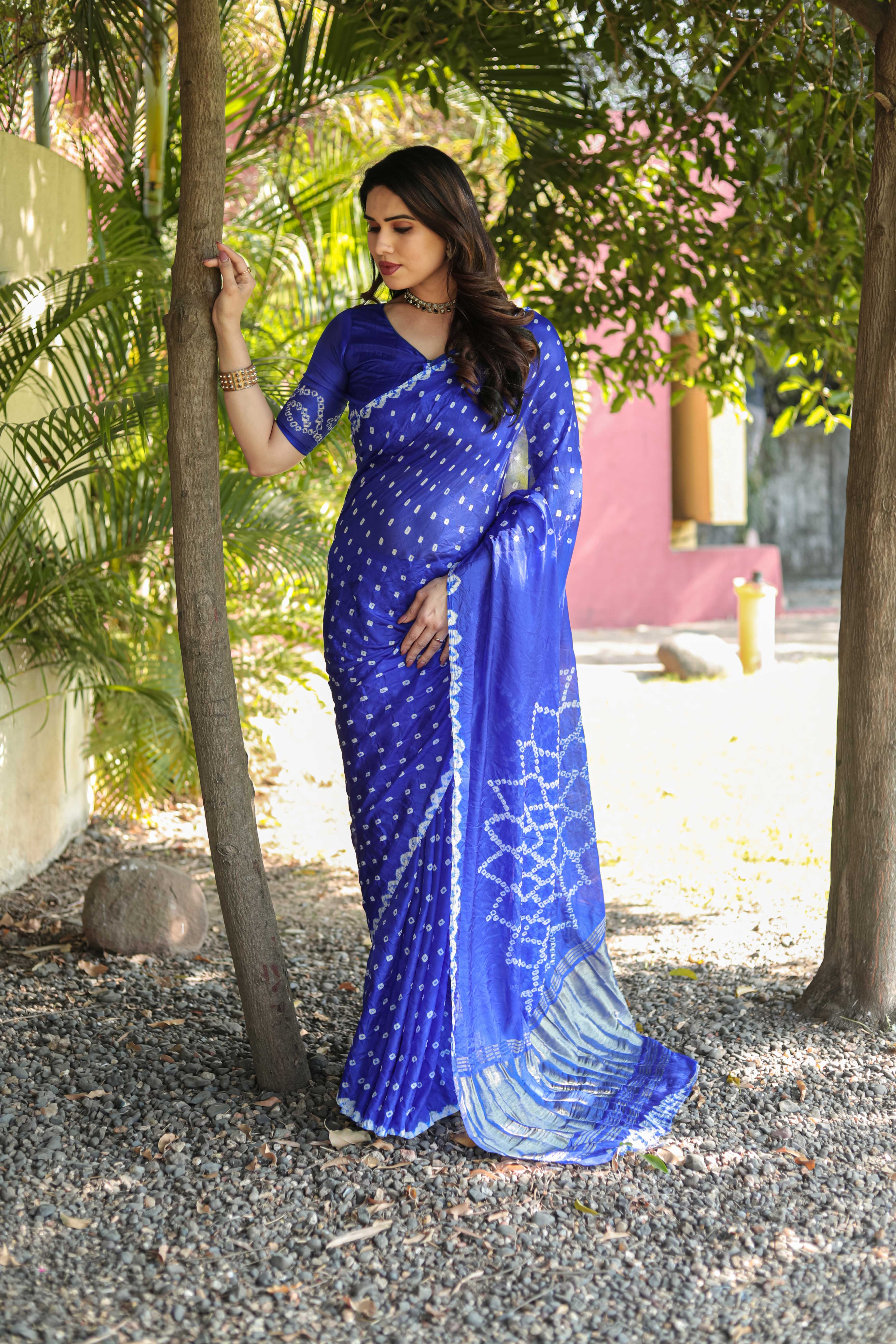 Original Bandhej Blue Color Beautiful Design Saree