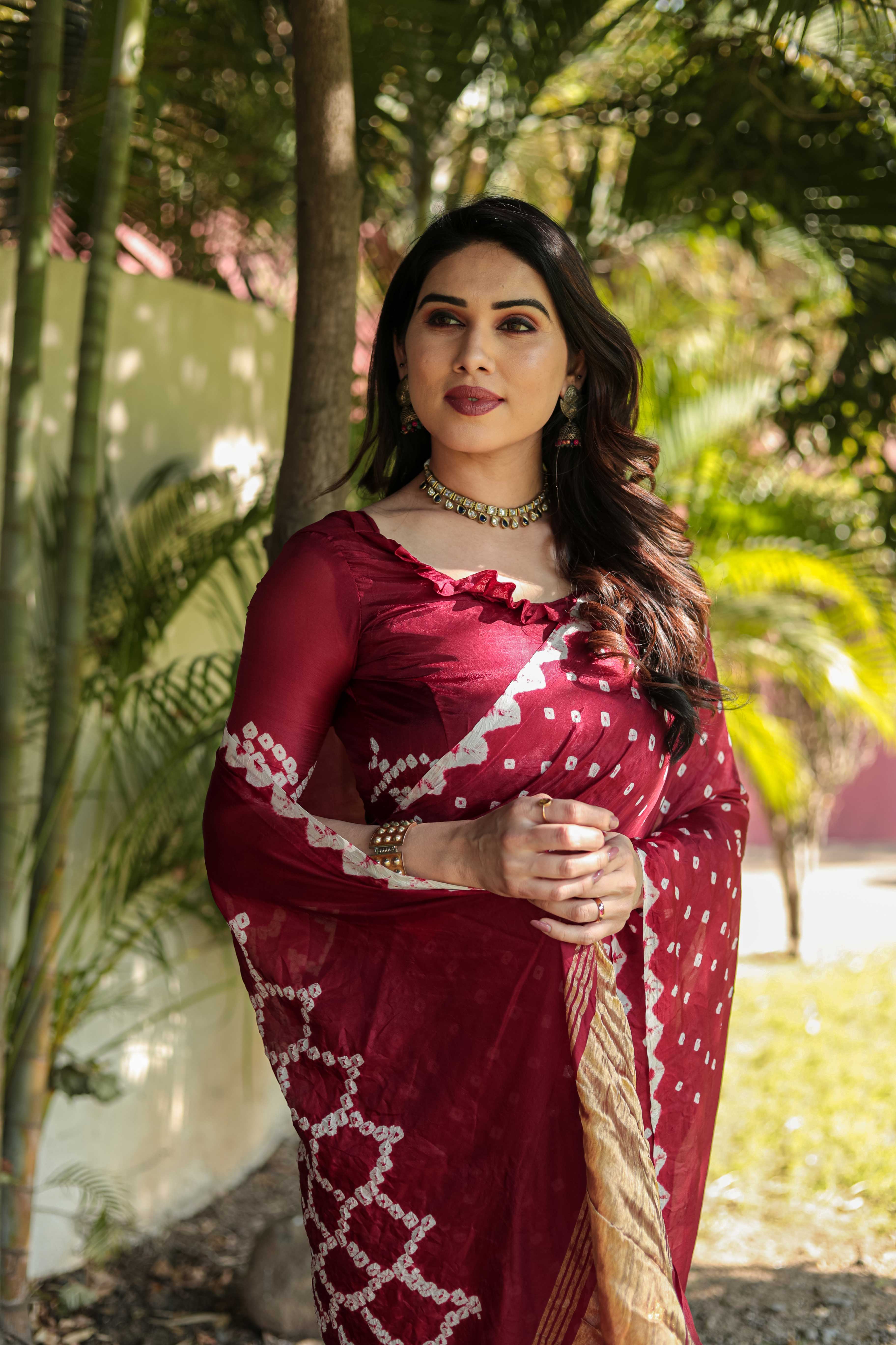 Original Bandhej Maroon Color Beautiful Design Saree