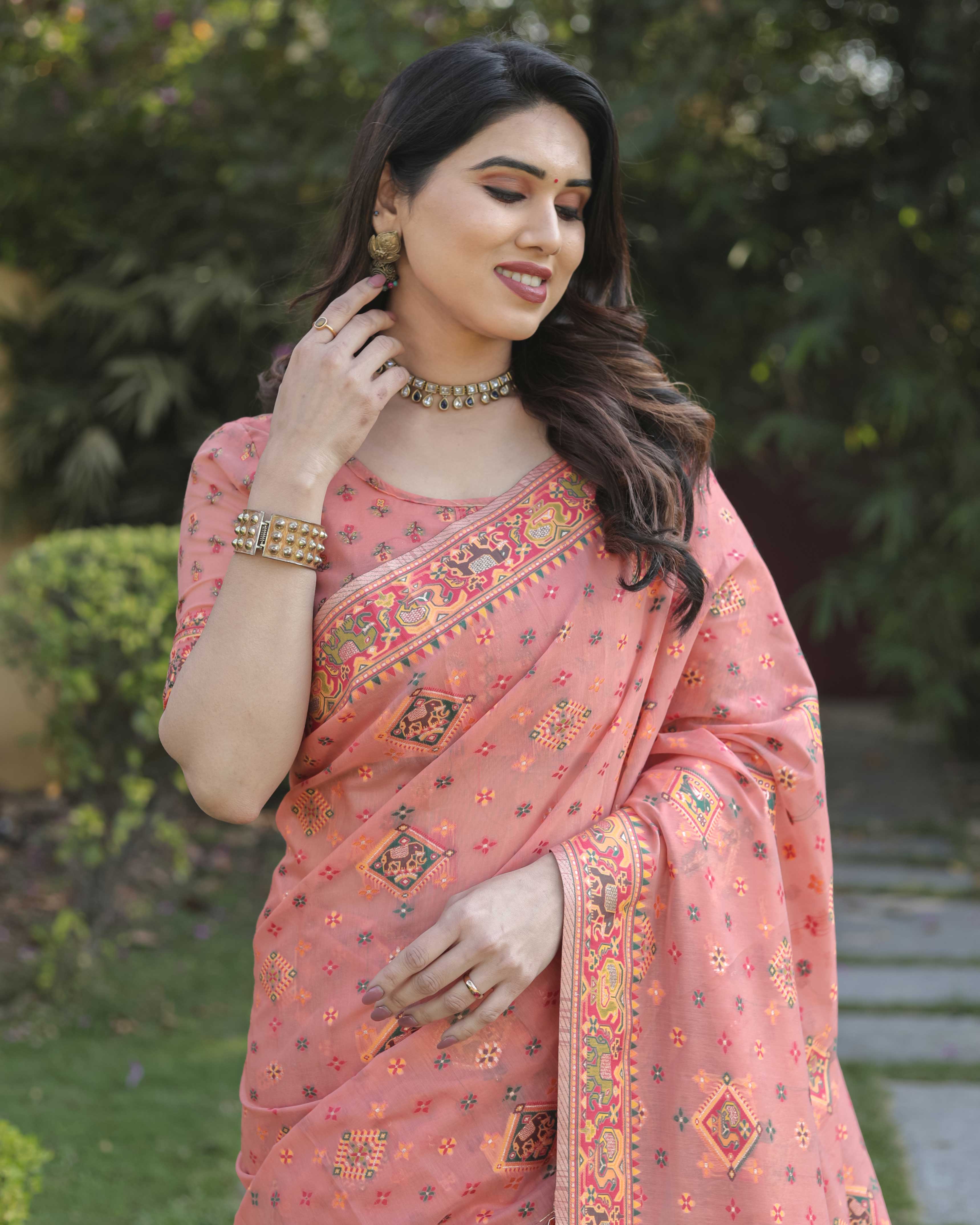 Peach Cotton Broad Border Casual Wear Saree