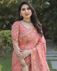 Peach Cotton Broad Border Casual Wear Saree