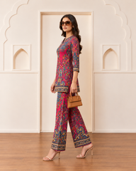 Printed Asymmetric Red And Blue Rayon Co-Ord Set