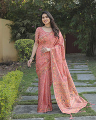 Peach Cotton Broad Border Casual Wear Saree