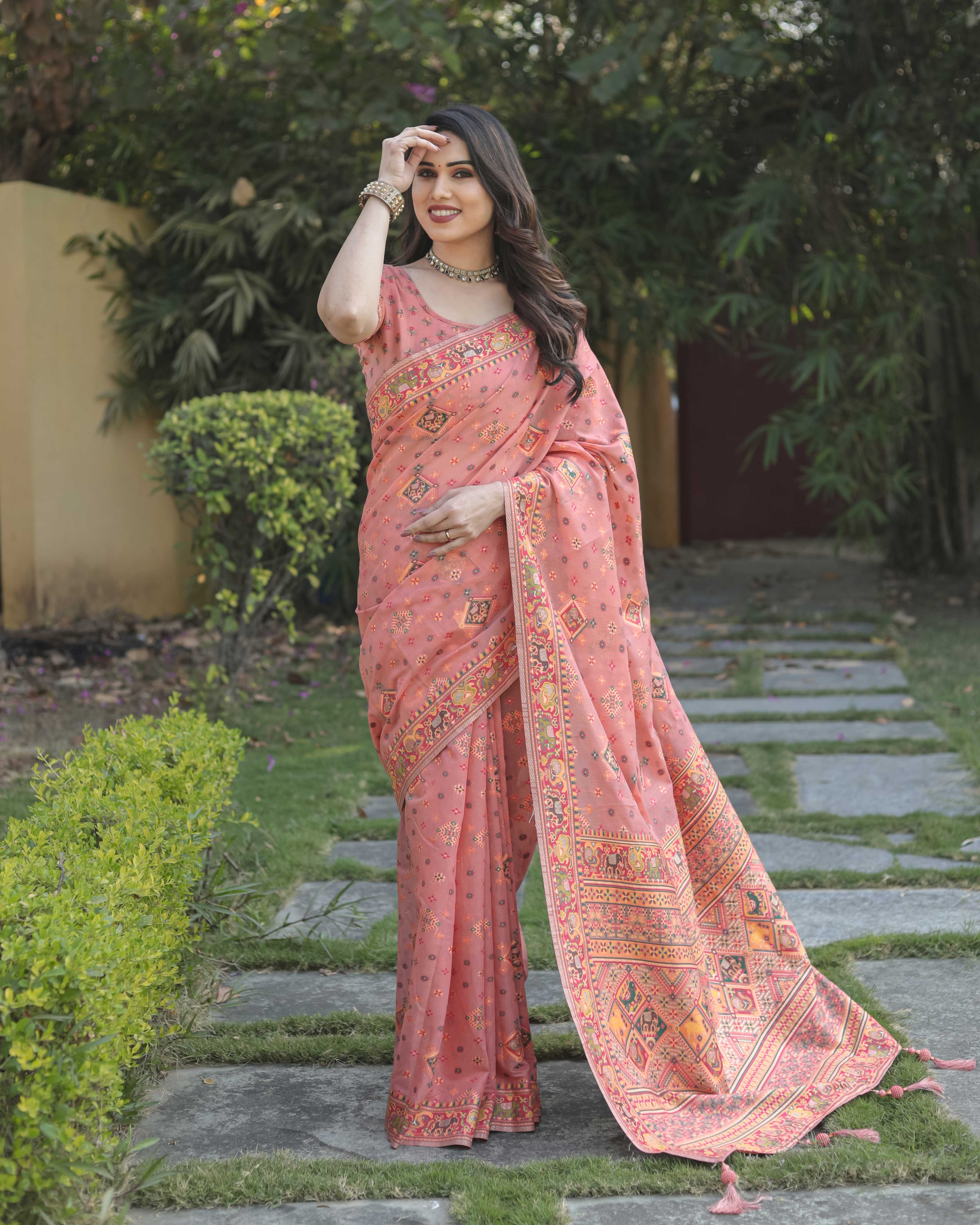 Peach Cotton Broad Border Casual Wear Saree