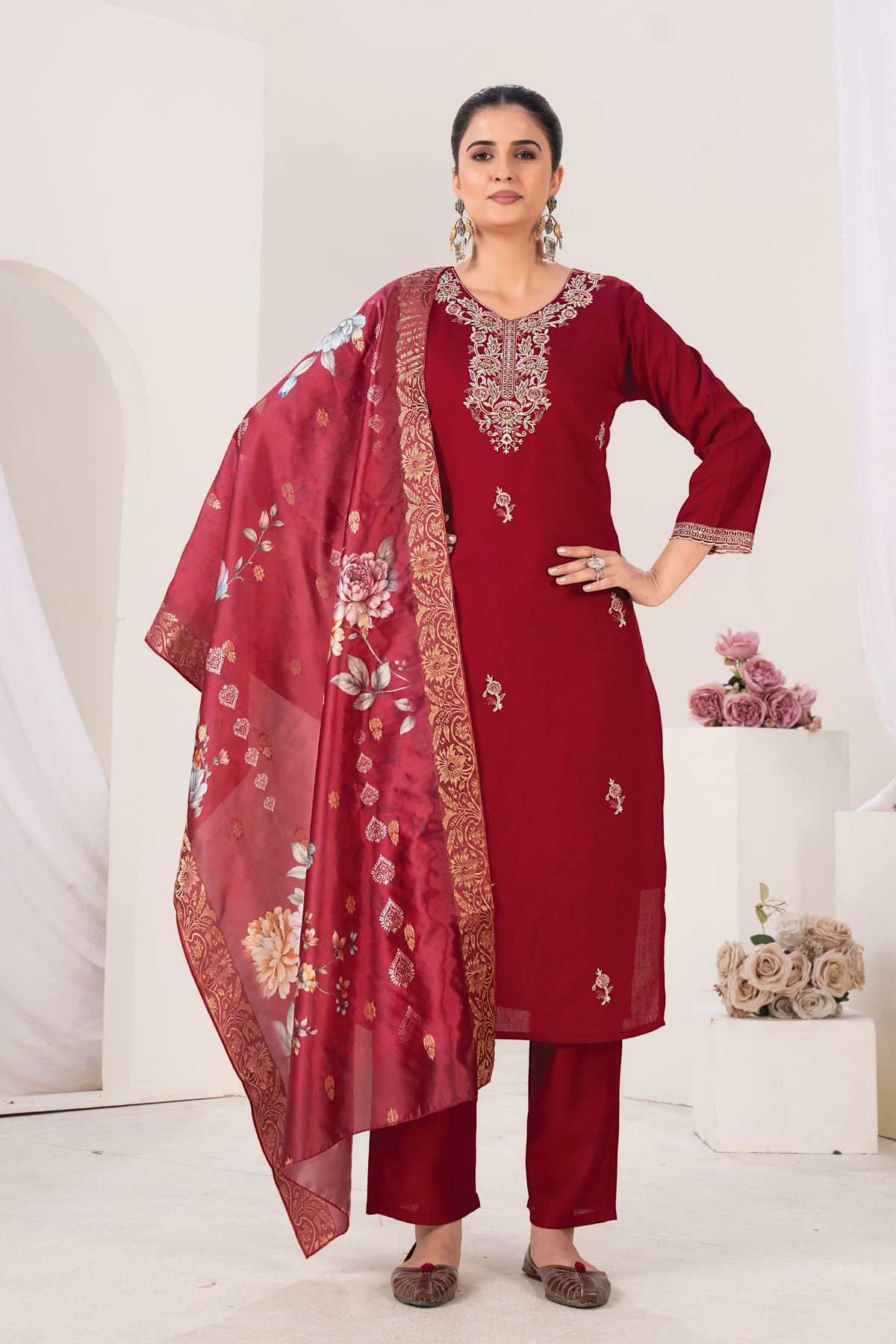 Elegant Maroon Embroidered Kurta Set with Digital Floral Print Dupatta | 3-Piece Ethnic Suit for Women