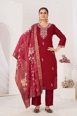 Elegant Maroon Embroidered Kurta Set with Digital Floral Print Dupatta | 3-Piece Ethnic Suit for Women