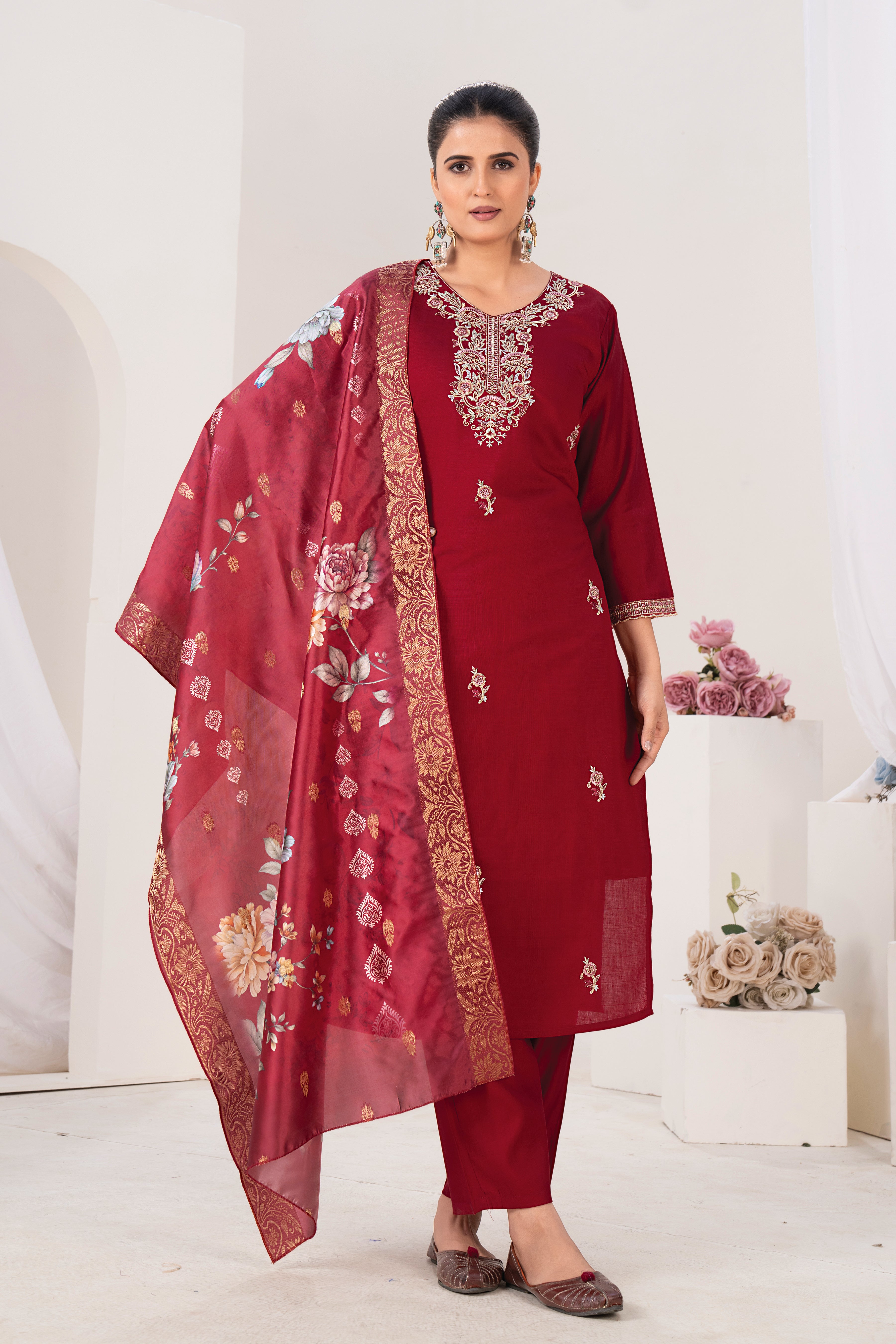 Elegant Maroon Embroidered Kurta Set with Digital Floral Print Dupatta | 3-Piece Ethnic Suit for Women