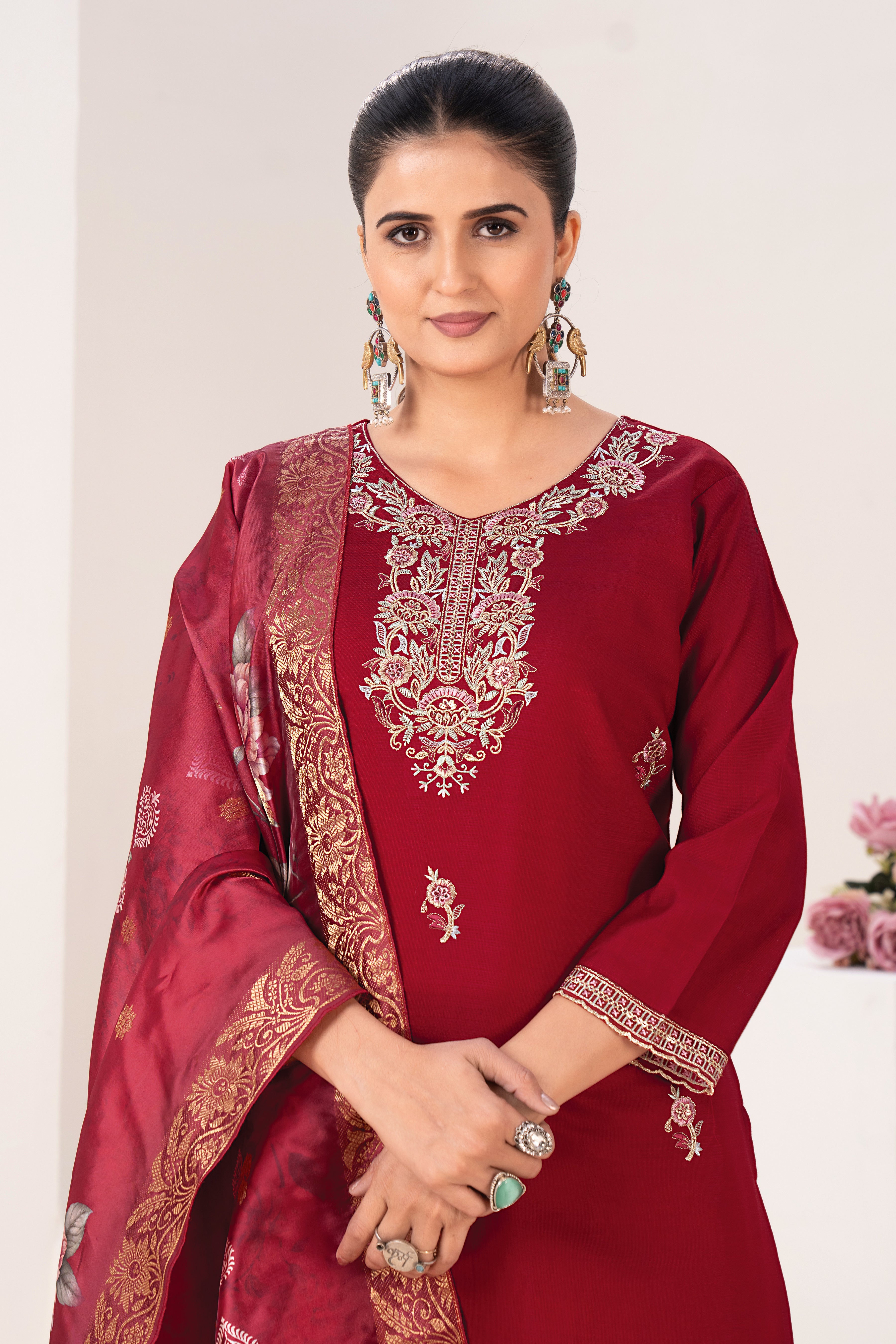 Elegant Maroon Embroidered Kurta Set with Digital Floral Print Dupatta | 3-Piece Ethnic Suit for Women