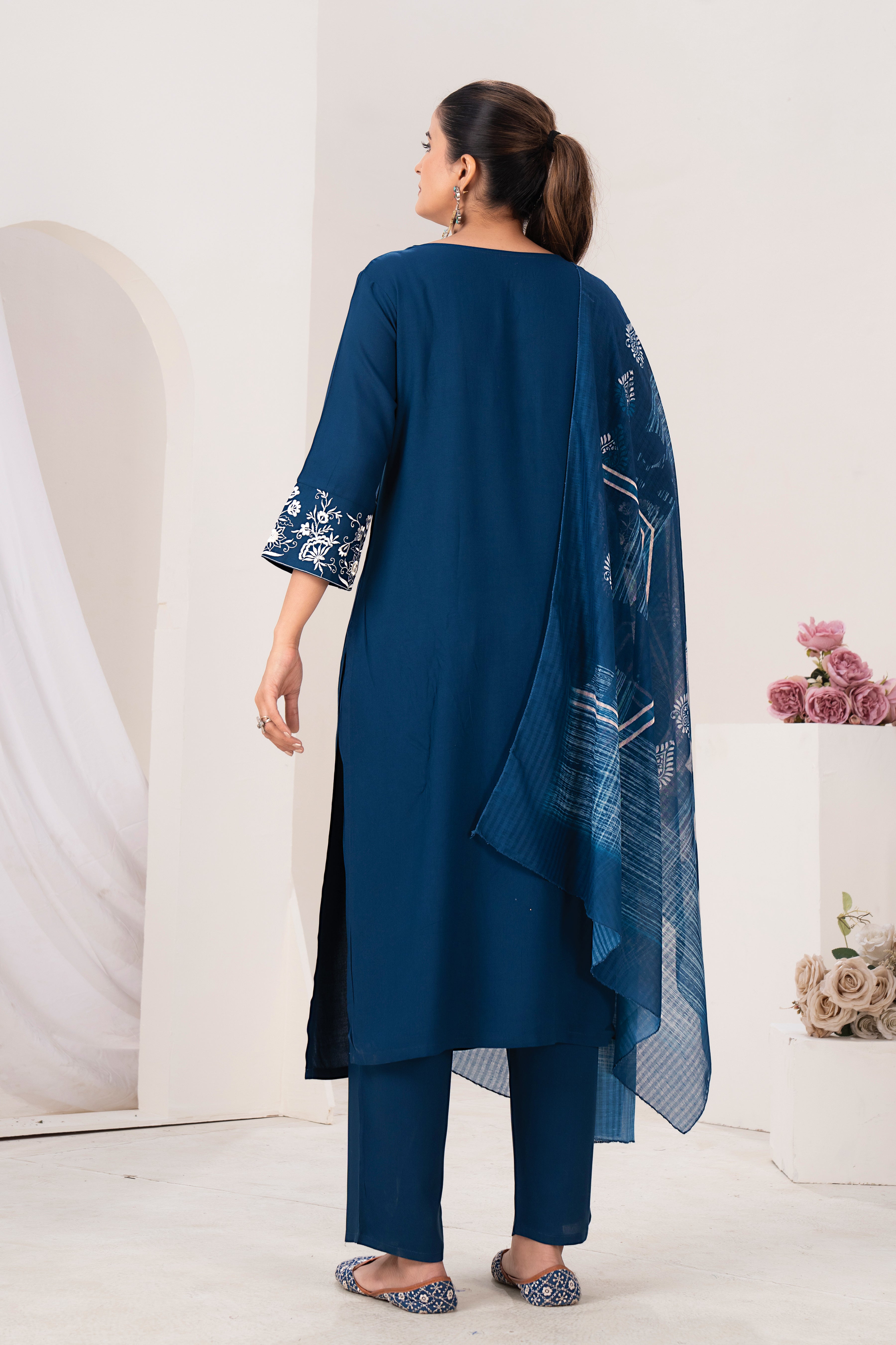 Elegant Deep Blue Embroidered Kurta Set with Printed Dupatta
