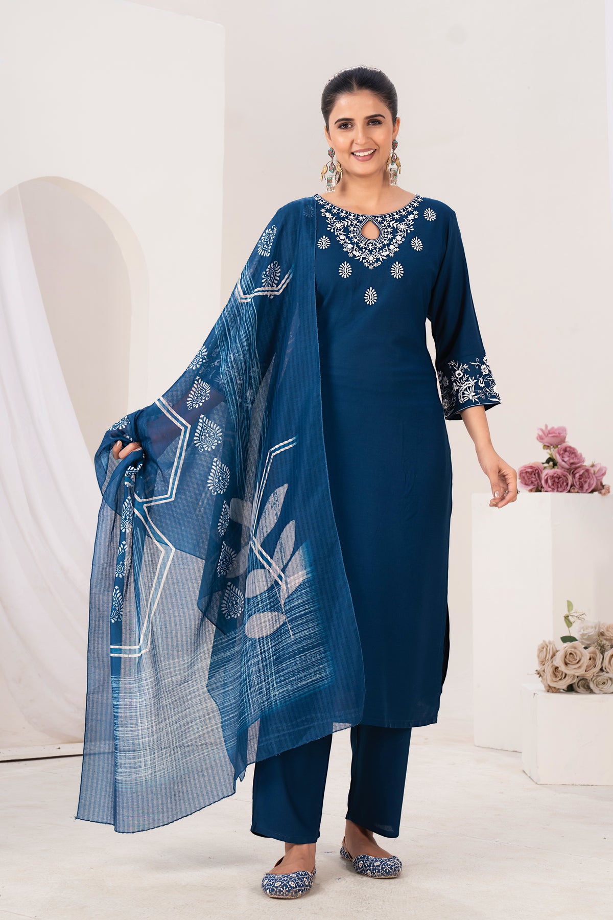 Elegant Deep Blue Embroidered Kurta Set with Printed Dupatta