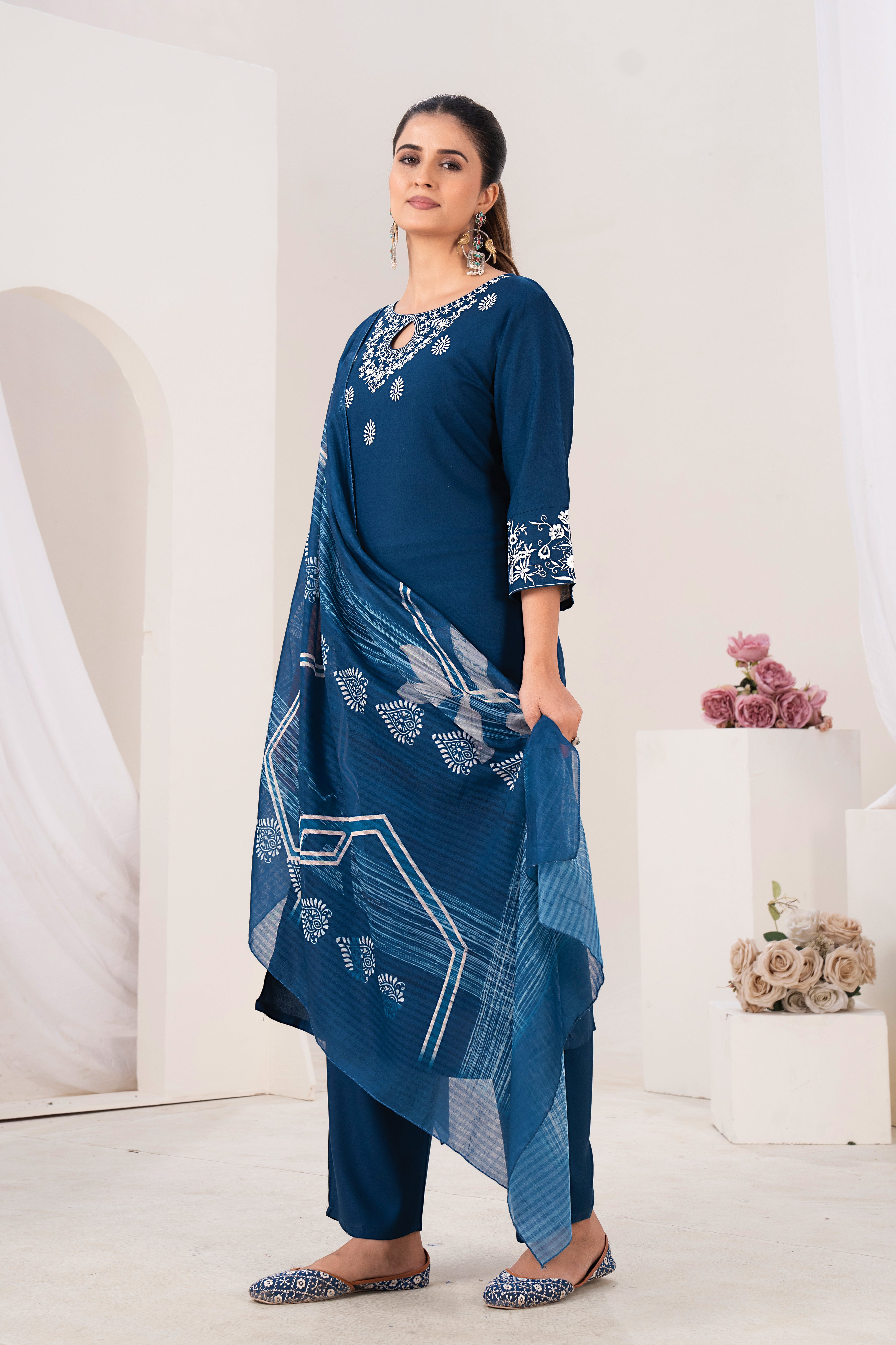 Elegant Deep Blue Embroidered Kurta Set with Printed Dupatta