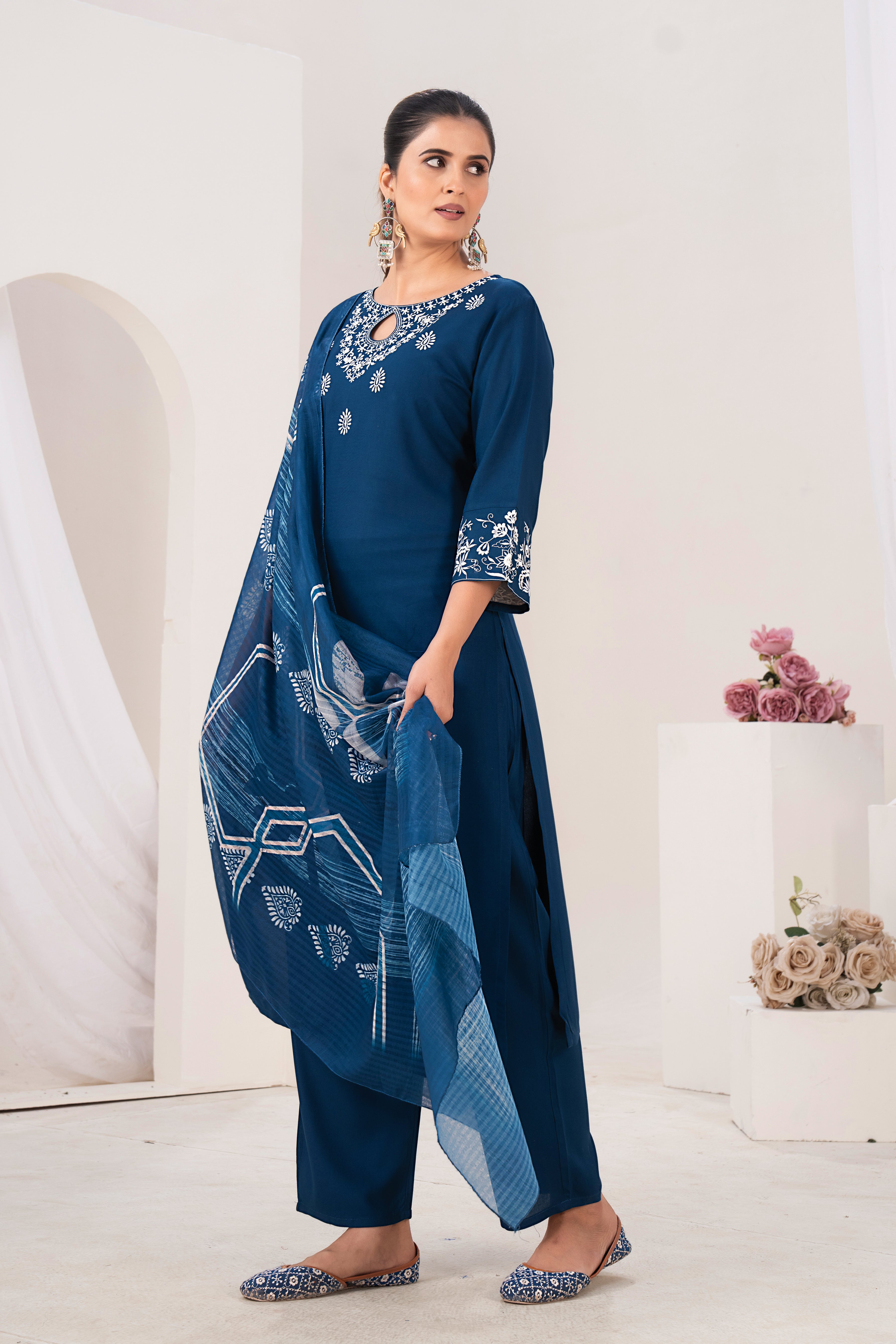 Elegant Deep Blue Embroidered Kurta Set with Printed Dupatta