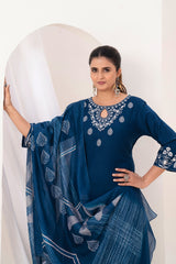 Elegant Deep Blue Embroidered Kurta Set with Printed Dupatta
