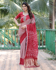 New Premium And High Quality Comfortable Bandhej Silk Drapes That is Super Stylish And Pretty Brown And Red Saree