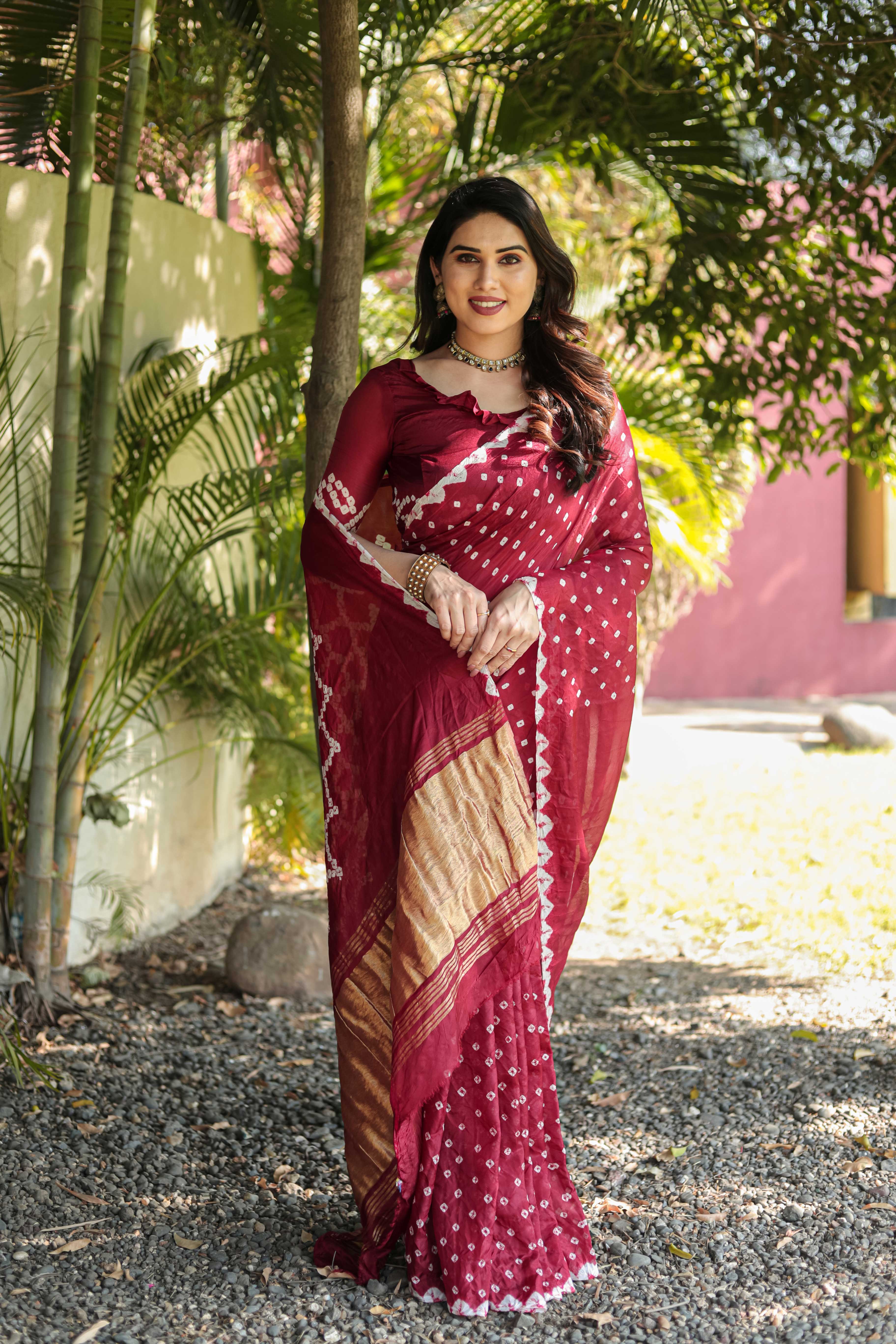 Original Bandhej Maroon Color Beautiful Design Saree