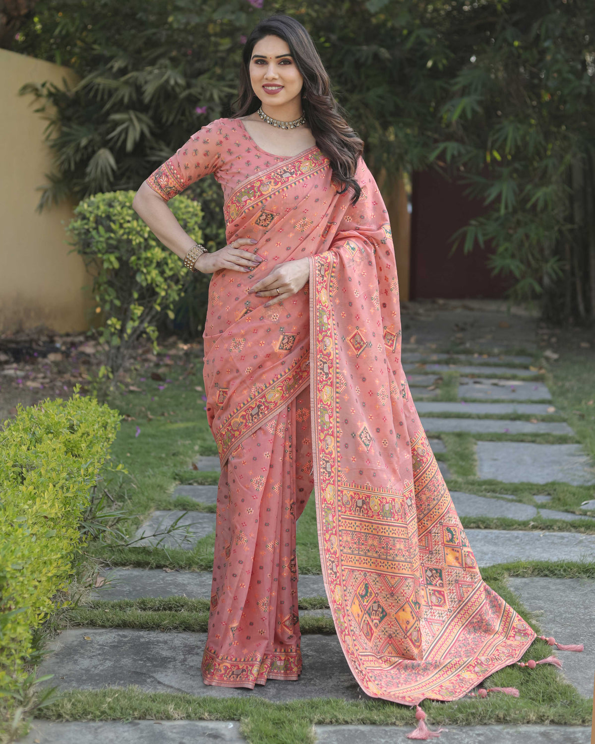 Peach Cotton Broad Border Casual Wear Saree