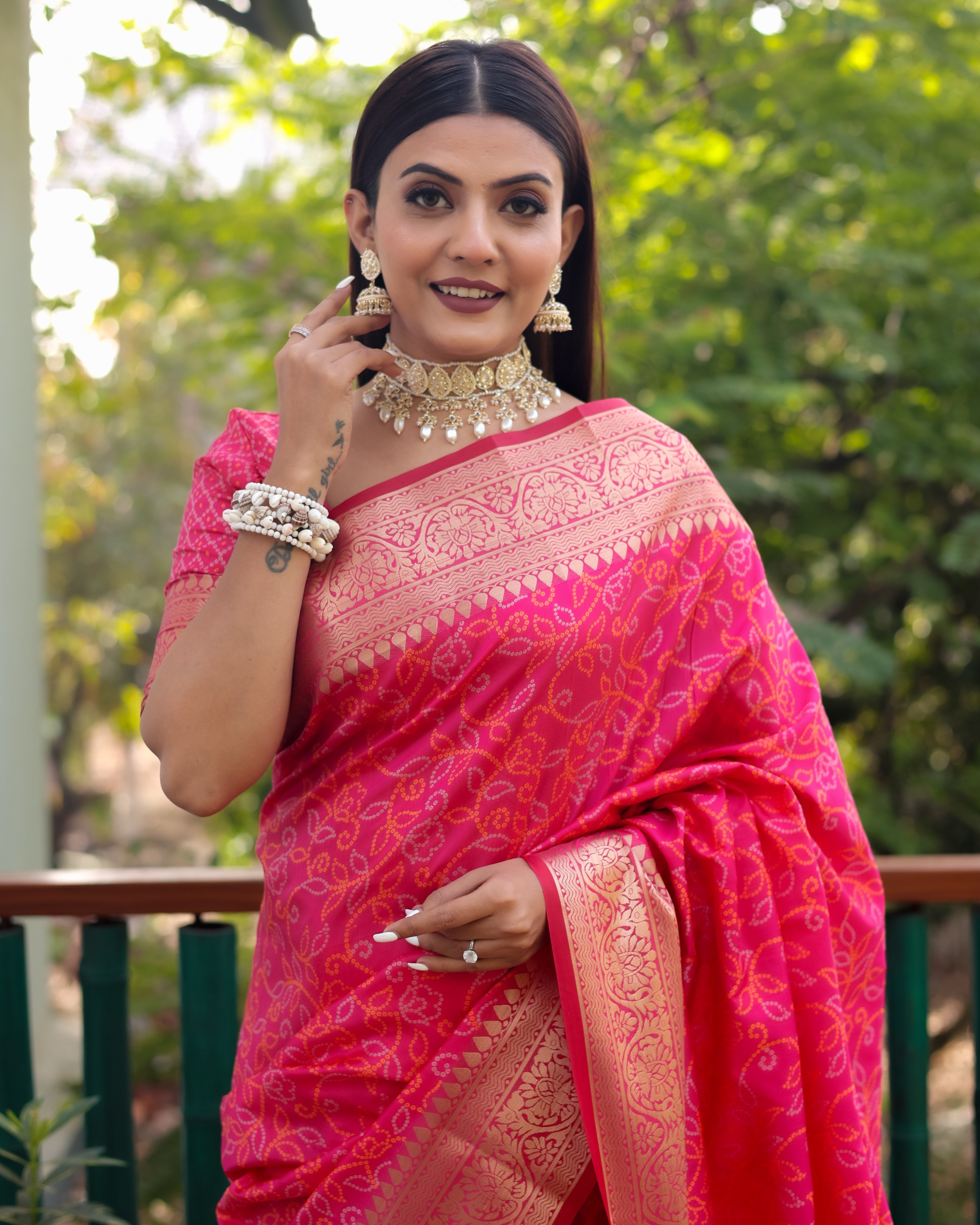 Hot Pink Color kanchi Border Rich Pallu Bandhej Saree