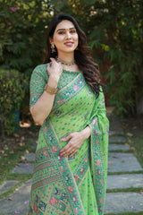 Green Cotton Broad Border Casual Wear Saree