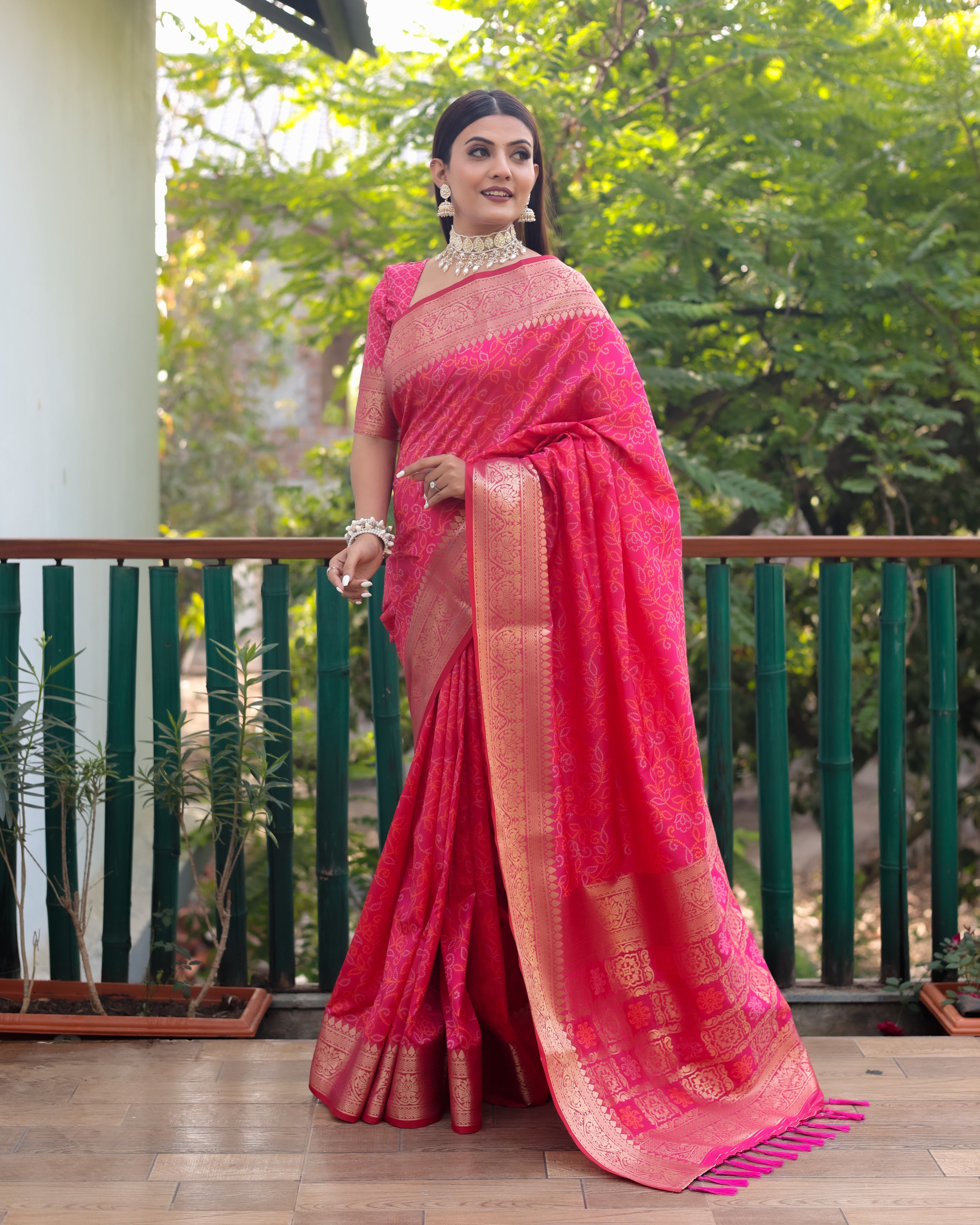 Hot Pink Color kanchi Border Rich Pallu Bandhej Saree