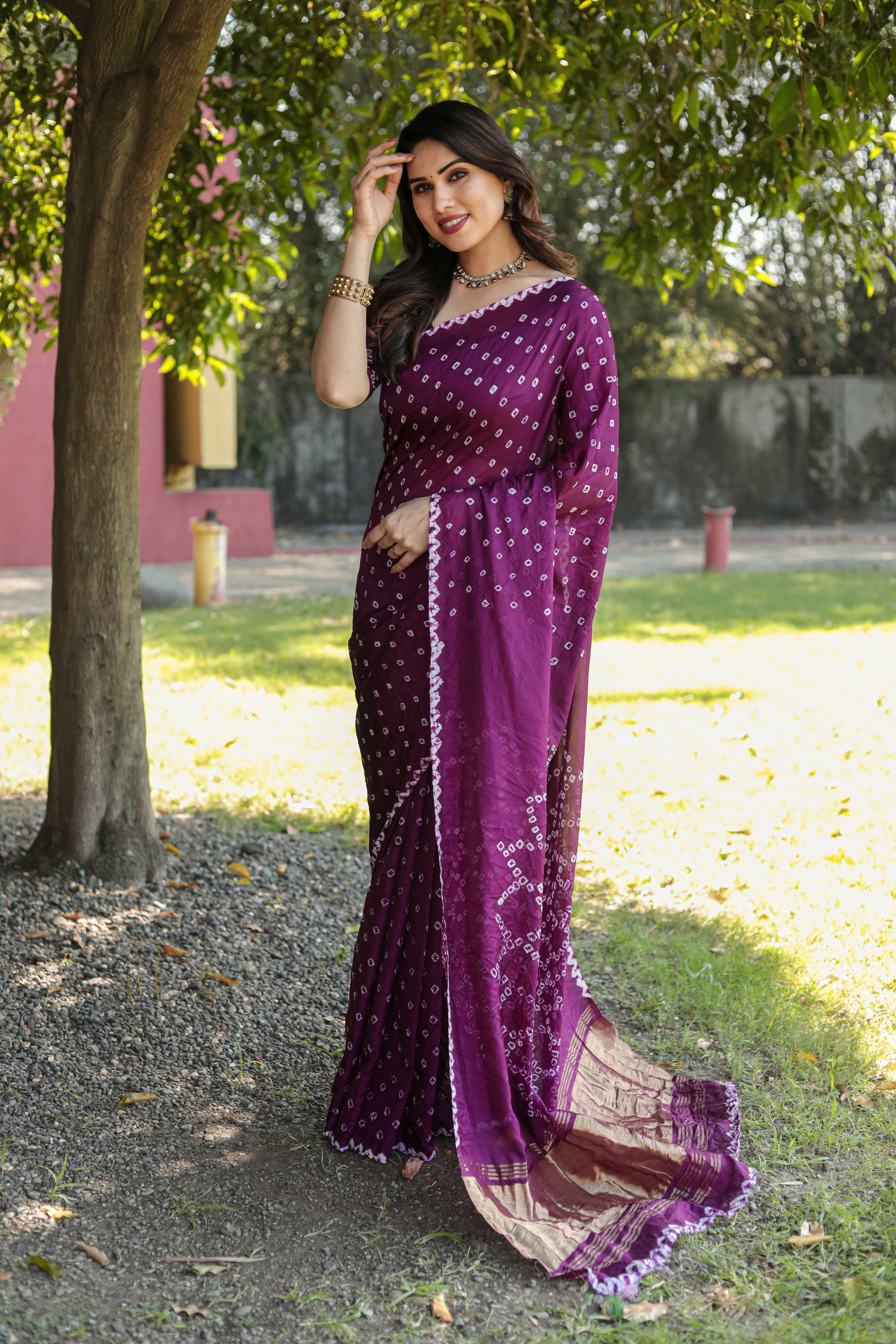 Original Bandhej Wine Color Beautiful Design Saree