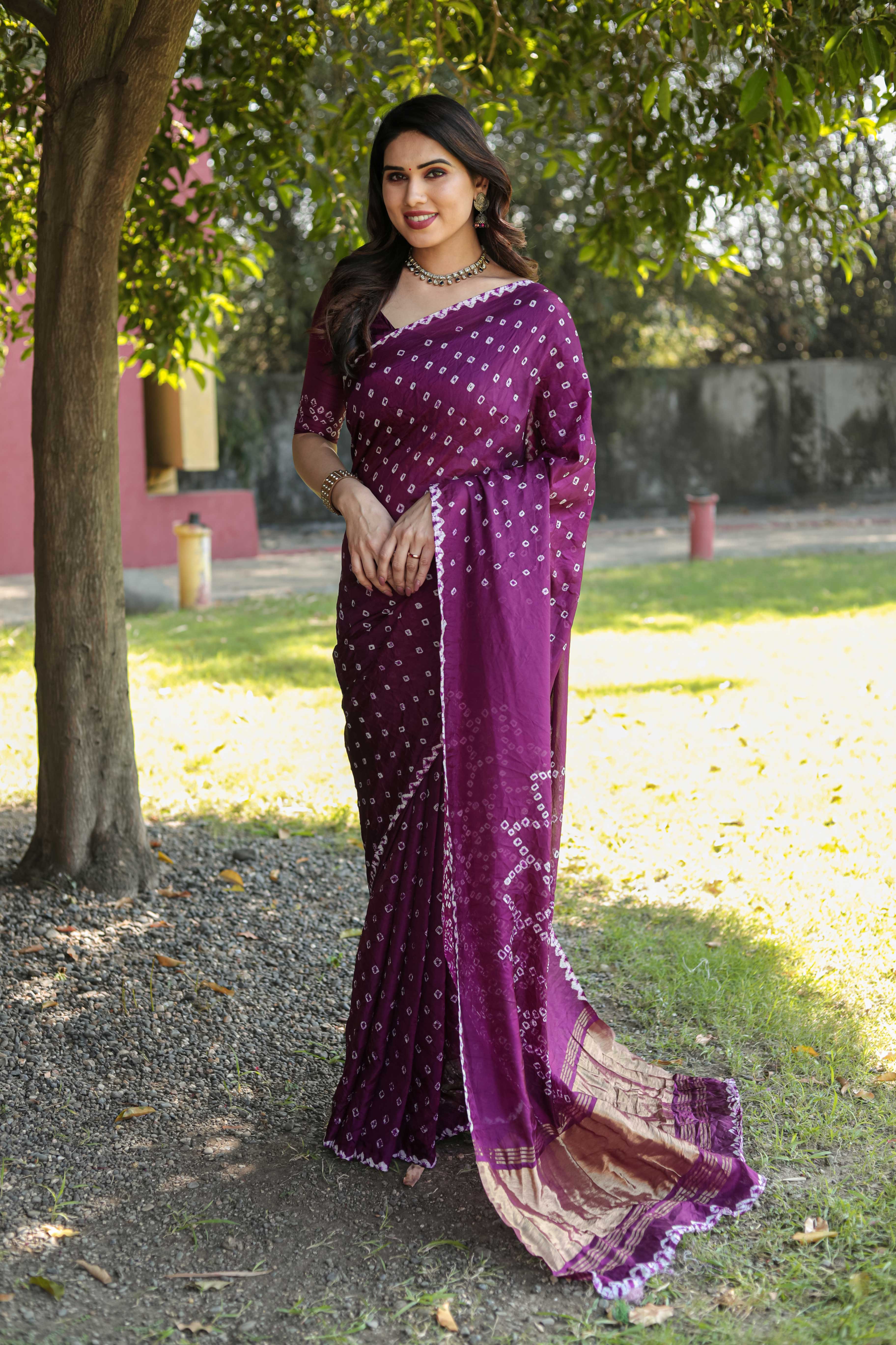 Original Bandhej Wine Color Beautiful Design Saree