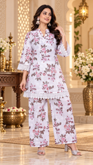 Women’s Printed Pure Viscose Rayon Co-Ord Set | Top & Palazzo Set - White