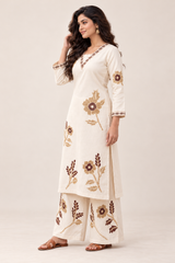 Elegant Off-white Pure Rayon cotton Floral Kurta Set with Matching Palazzo | V-Neck Ethnic Wear for Women