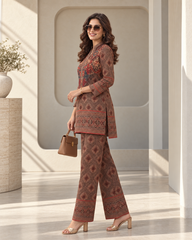 Women's Brown Printed Kurta & Wide-Leg Pant Set | Casual Ethnic Wear