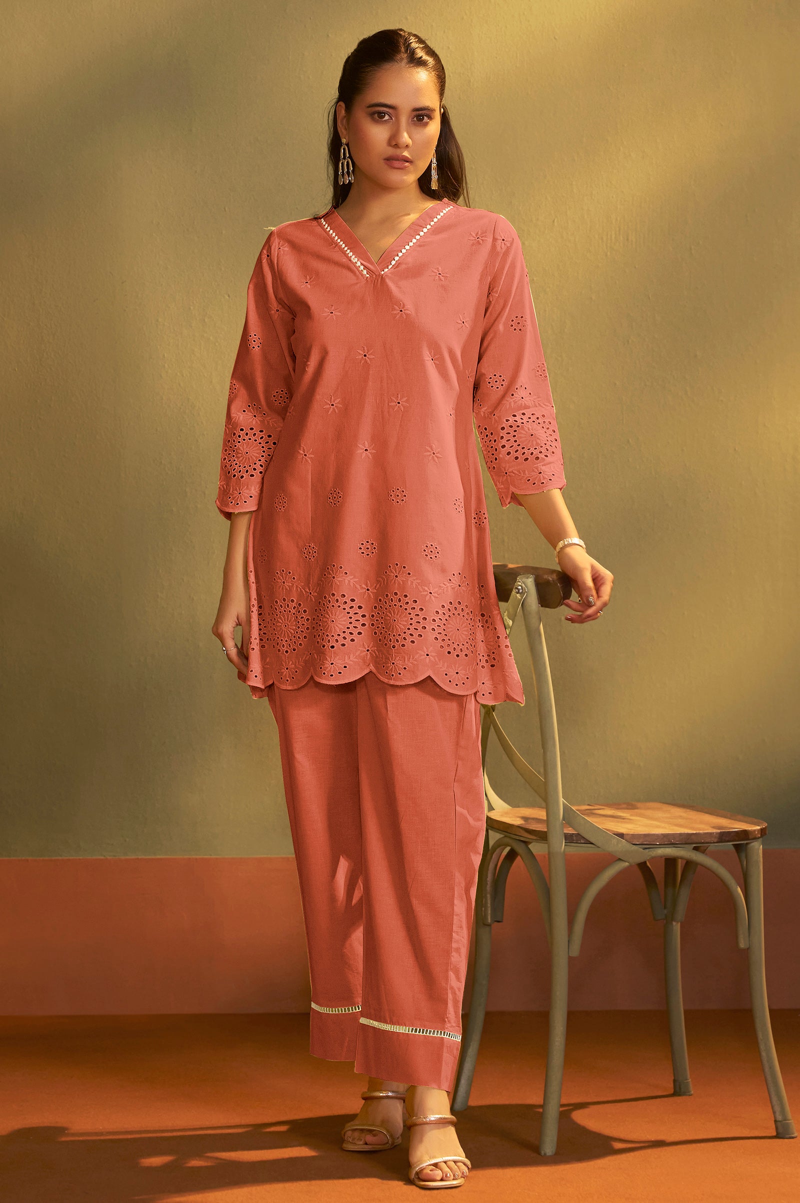 Women’s Pure Cotton Rust Schiffli Co-Ord Set