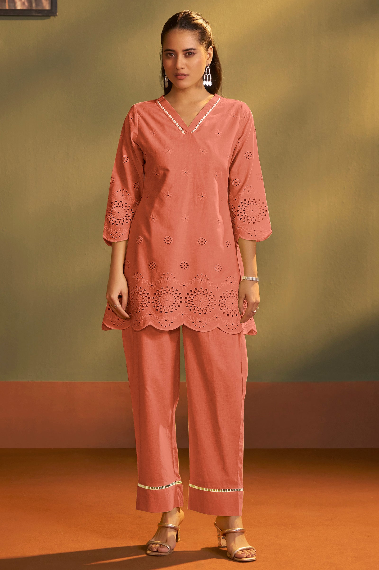 Women’s Pure Cotton Rust Schiffli Co-Ord Set