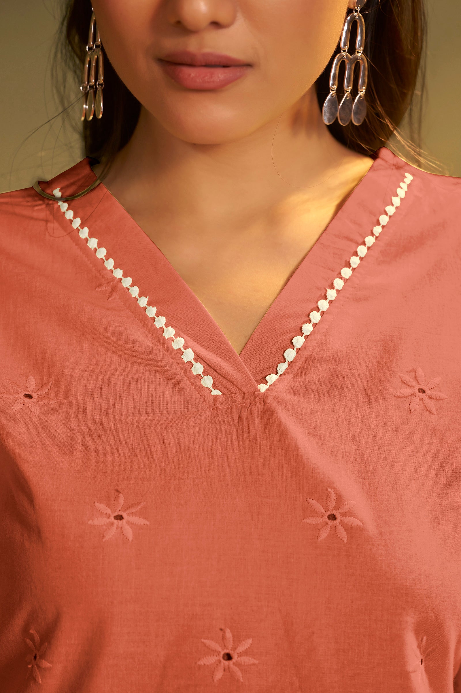 Women’s Pure Cotton Rust Schiffli Co-Ord Set