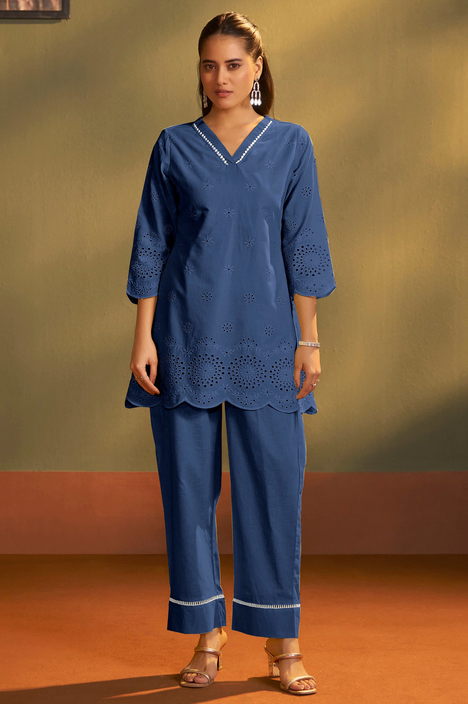 Women’s Pure Cotton Dark Blue Schiffli Co-Ord Set