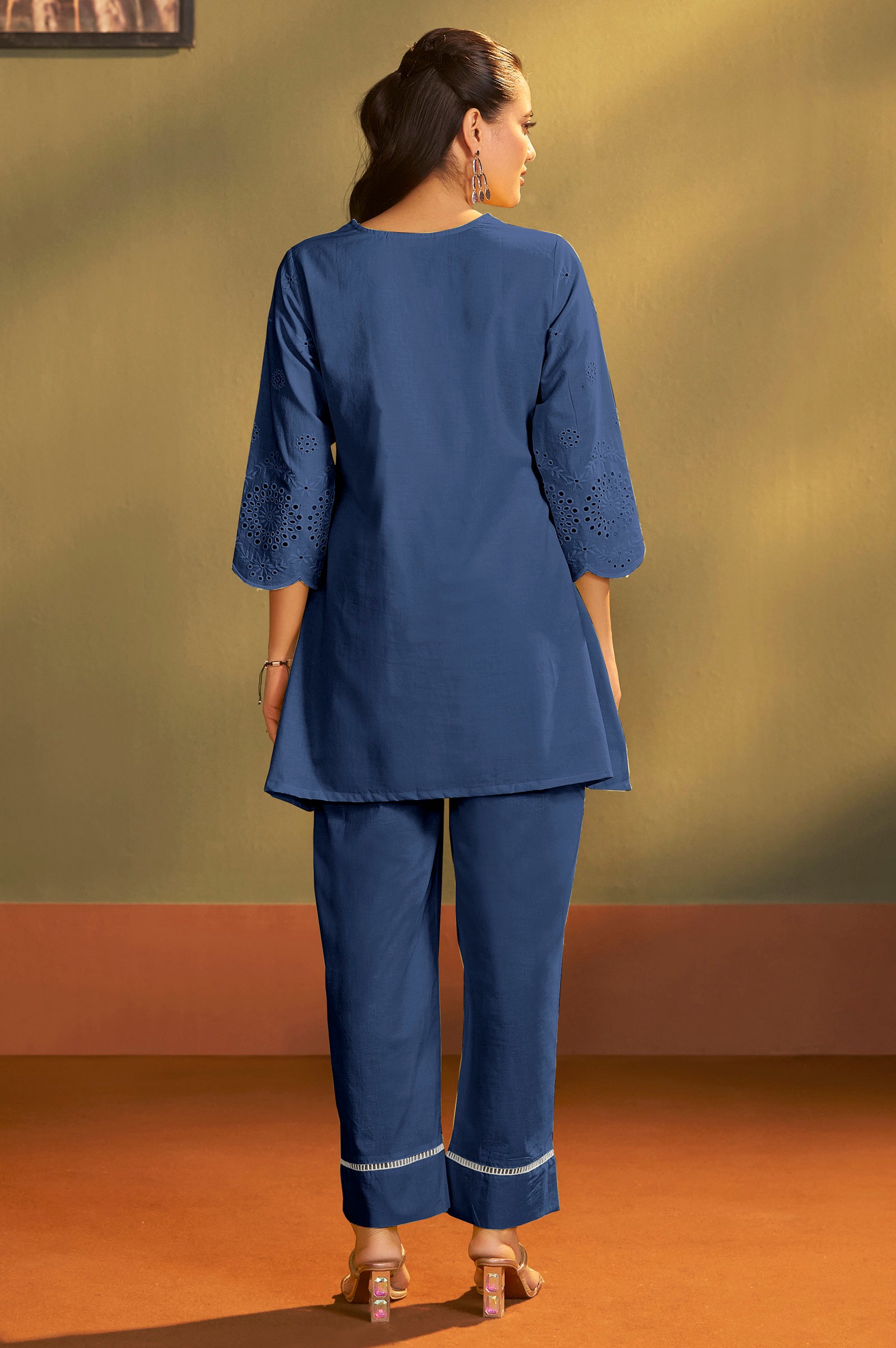 Women’s Pure Cotton Dark Blue Schiffli Co-Ord Set
