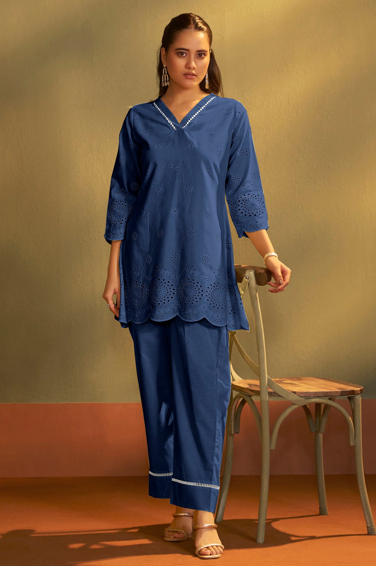 Women’s Pure Cotton Dark Blue Schiffli Co-Ord Set