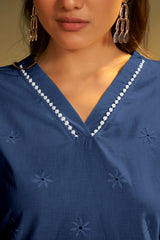 Women’s Pure Cotton Dark Blue Schiffli Co-Ord Set