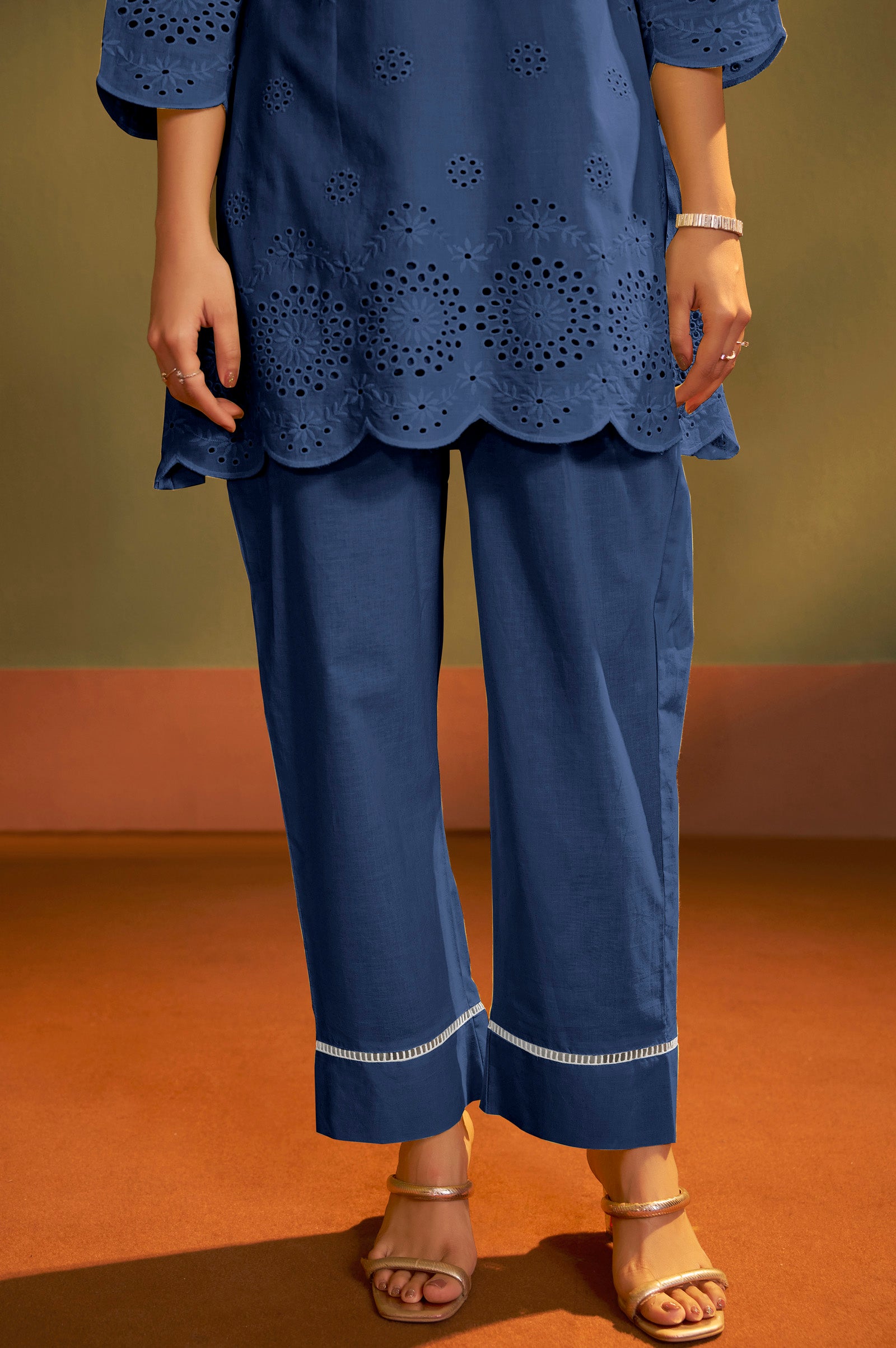 Women’s Pure Cotton Dark Blue Schiffli Co-Ord Set