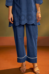 Women’s Pure Cotton Dark Blue Schiffli Co-Ord Set