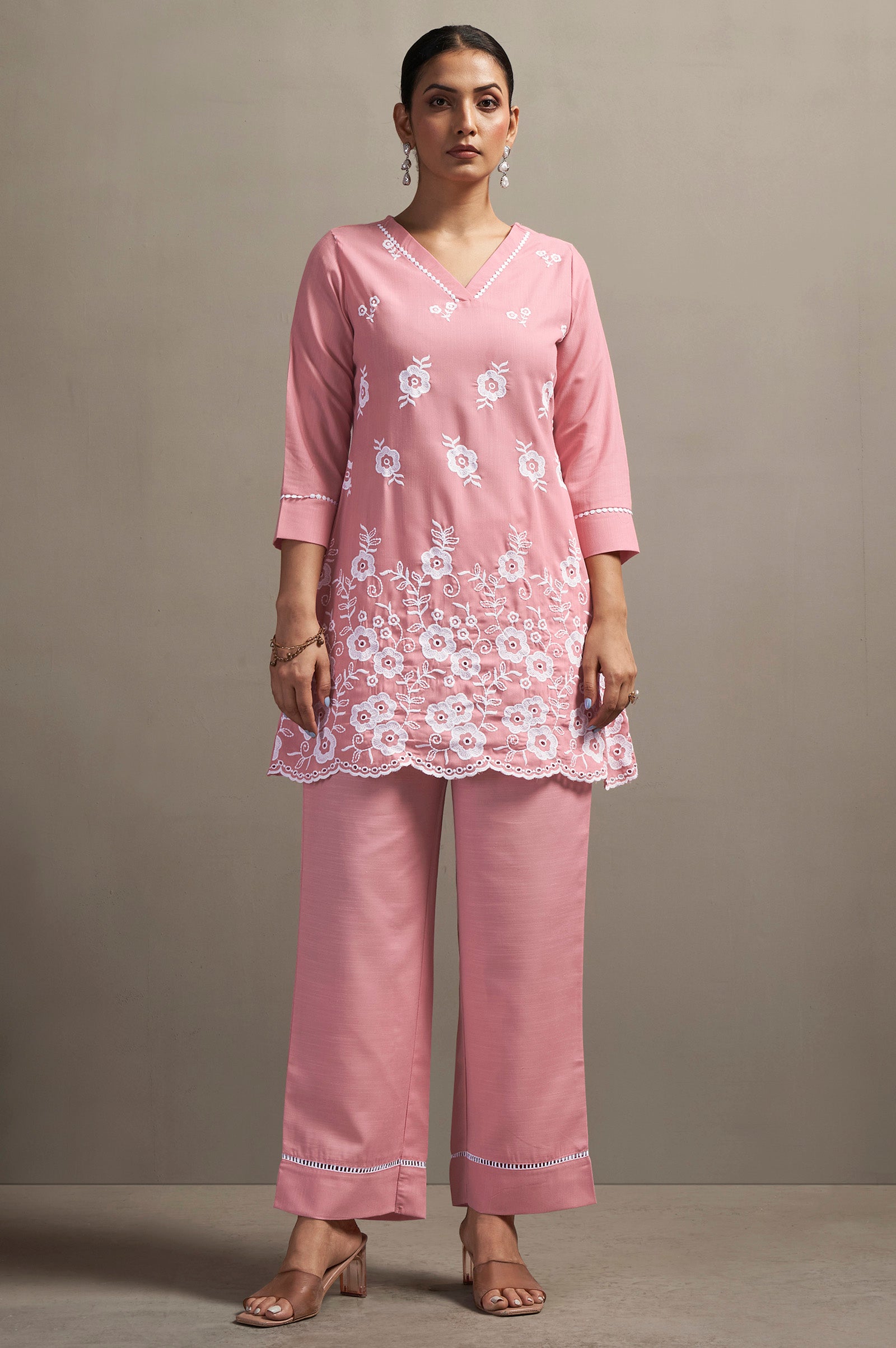 Women's Peach Pure Cotton Schiffli Embroidered Straight Co-Ord Set