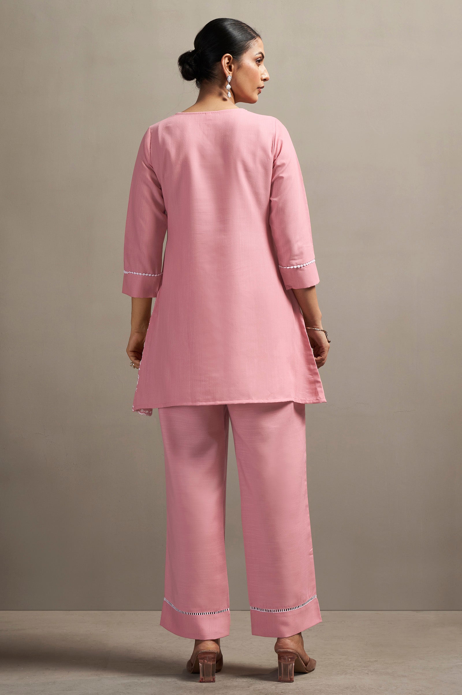 Women's Peach Pure Cotton Schiffli Embroidered Straight Co-Ord Set