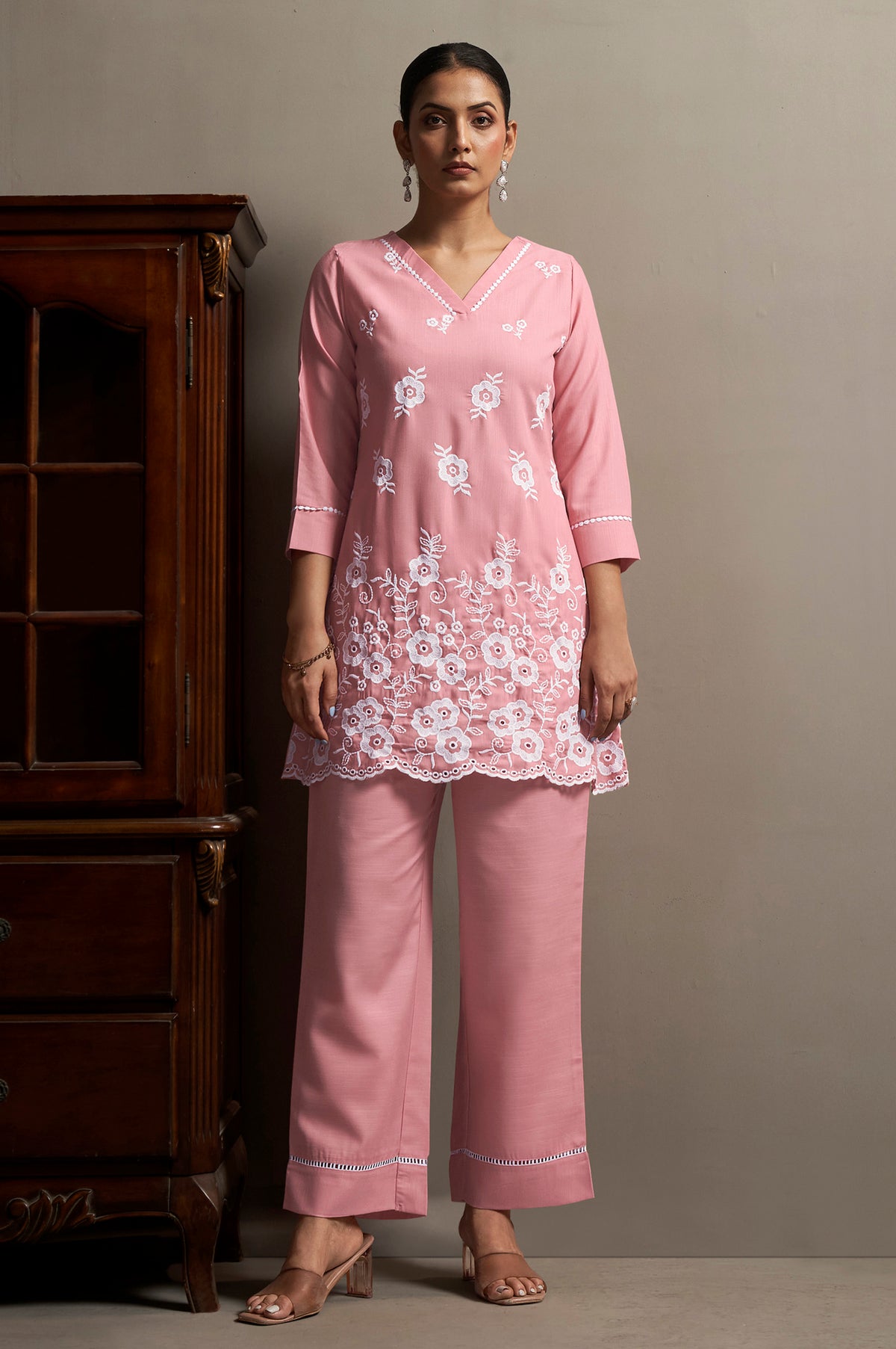 Women's Peach Pure Cotton Schiffli Embroidered Straight Co-Ord Set