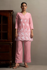 Women's Peach Pure Cotton Schiffli Embroidered Straight Co-Ord Set
