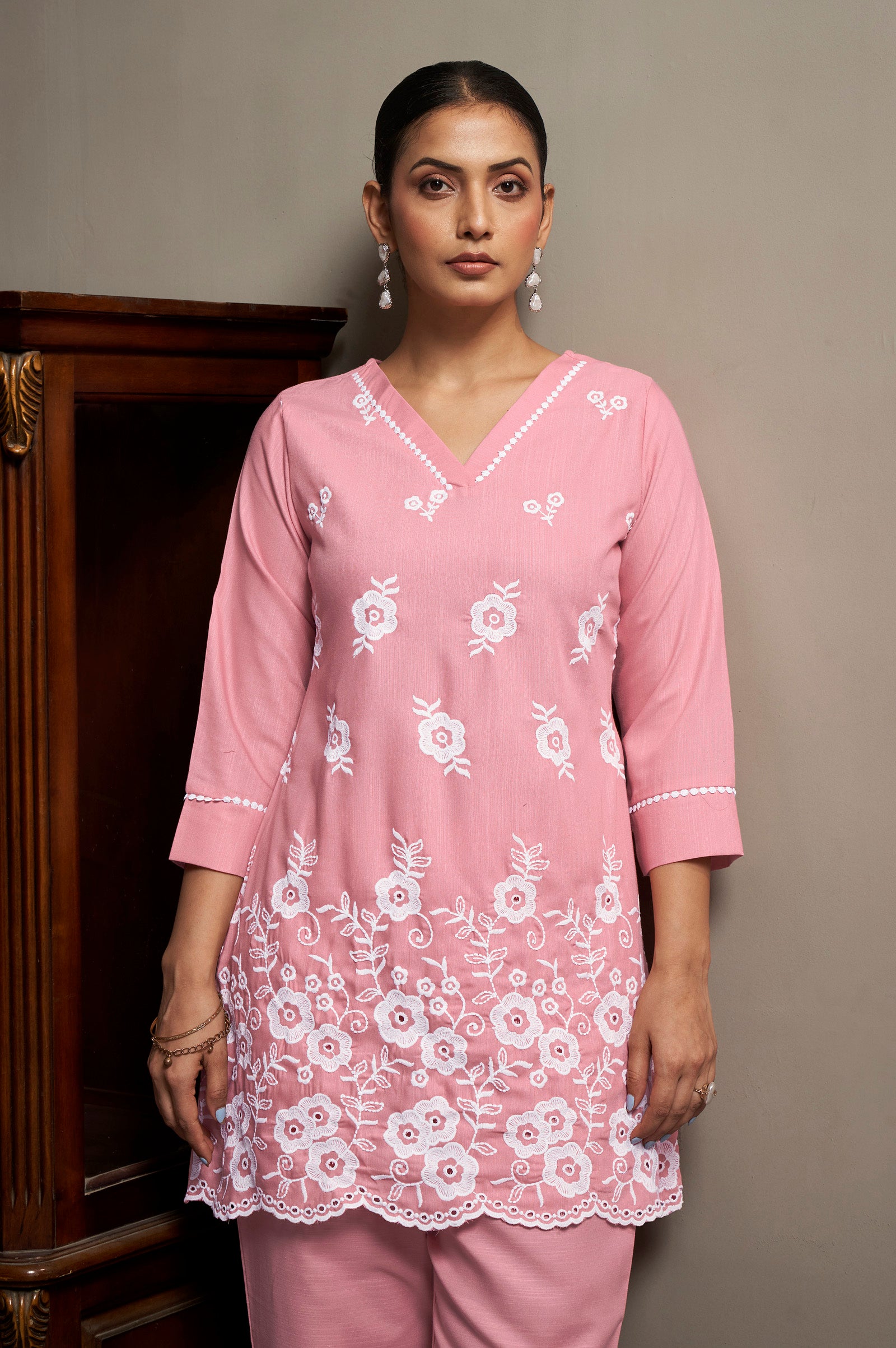 Women's Peach Pure Cotton Schiffli Embroidered Straight Co-Ord Set