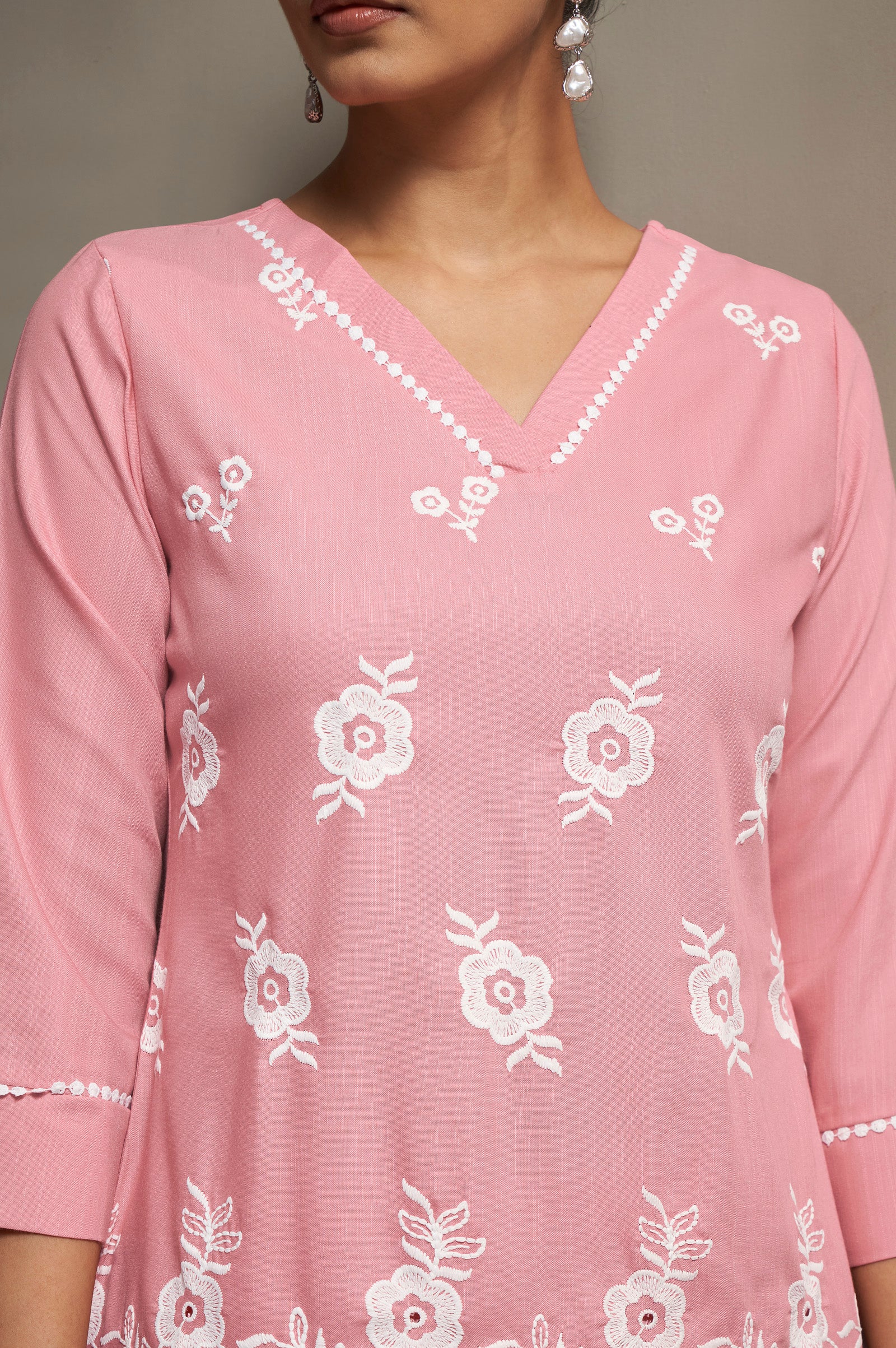 Women's Peach Pure Cotton Schiffli Embroidered Straight Co-Ord Set