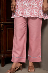 Women's Peach Pure Cotton Schiffli Embroidered Straight Co-Ord Set