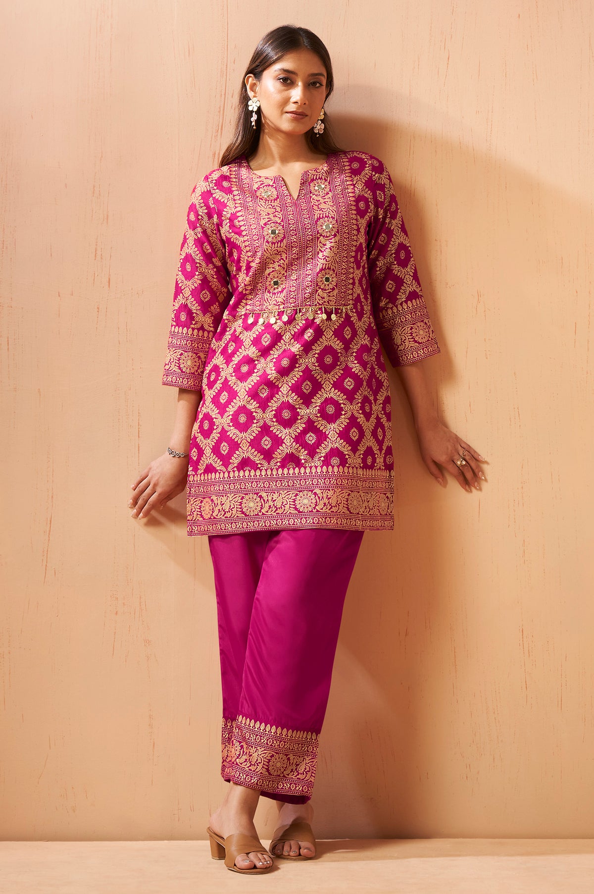 Women's Pink Foil Printed Vichitra Silk Co-Ord Set