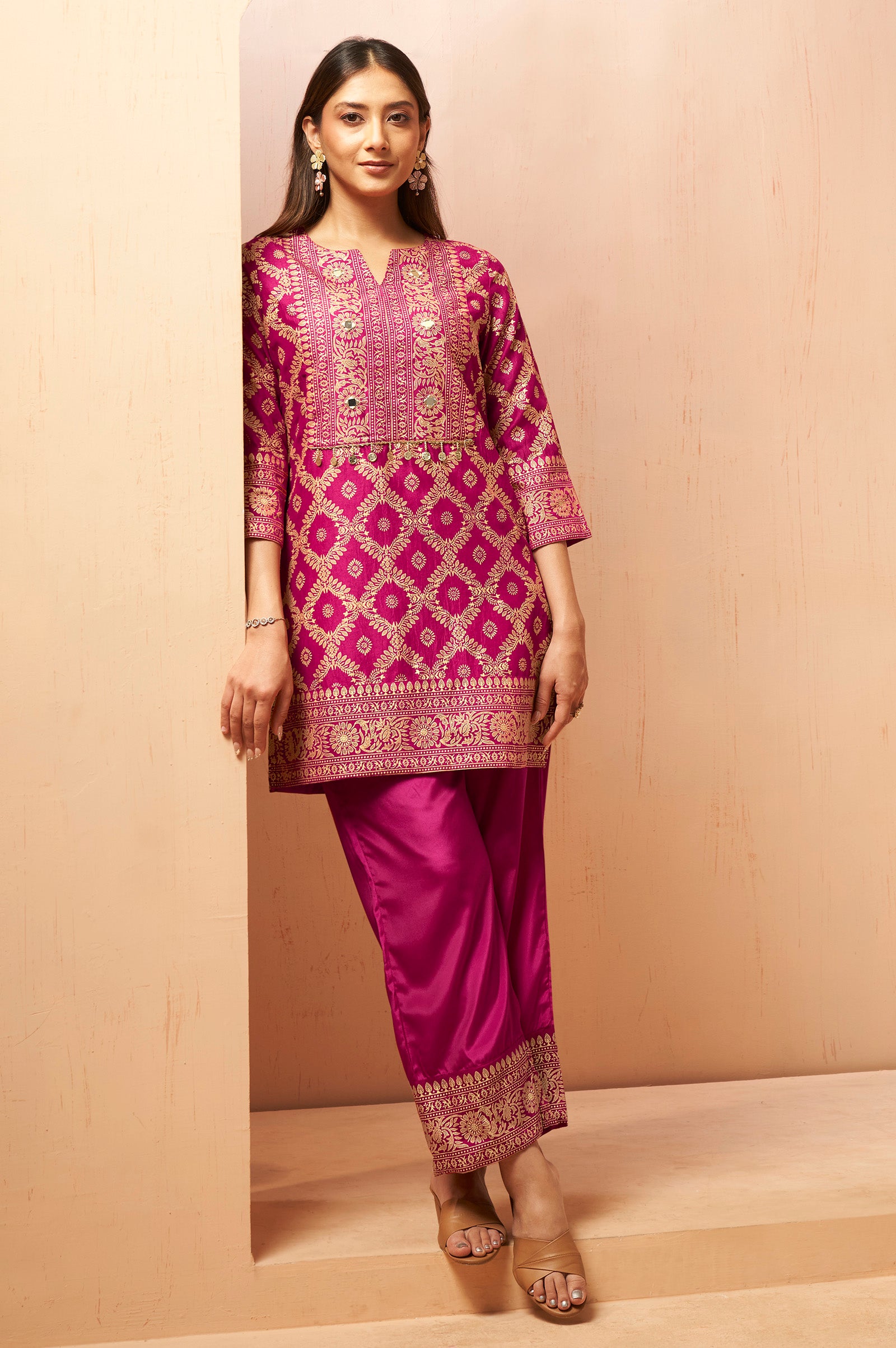 Women's Pink Foil Printed Vichitra Silk Co-Ord Set
